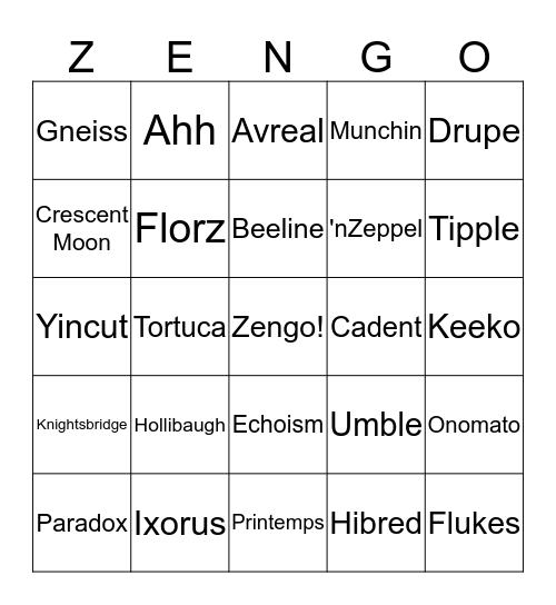 Zengo Bingo Card