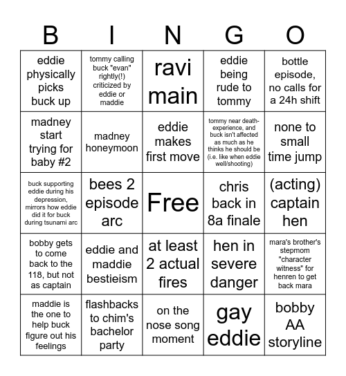 9-1-1 Season 8 Bingo Card