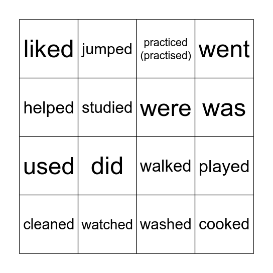 SIMPLE PAST TENSE Bingo Card