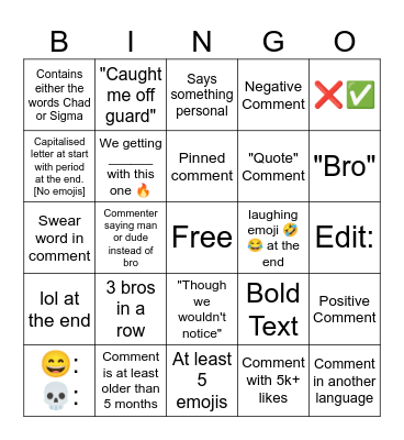 Youtube Shorts Comment Section Bingo Card