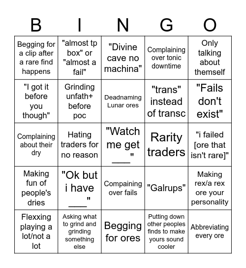 Annoying Rex:R Player Bingo Card