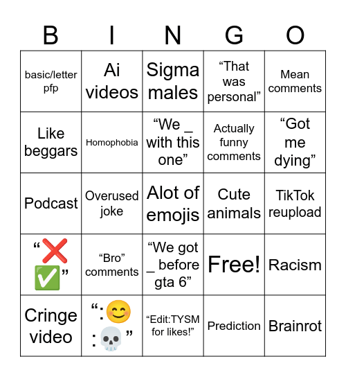 YouTube shorts bingo Card