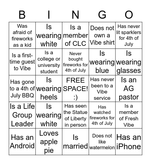 4th of July Growth Group Party Bingo Card