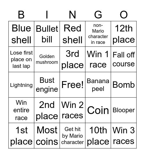 Mario kart bingo Card