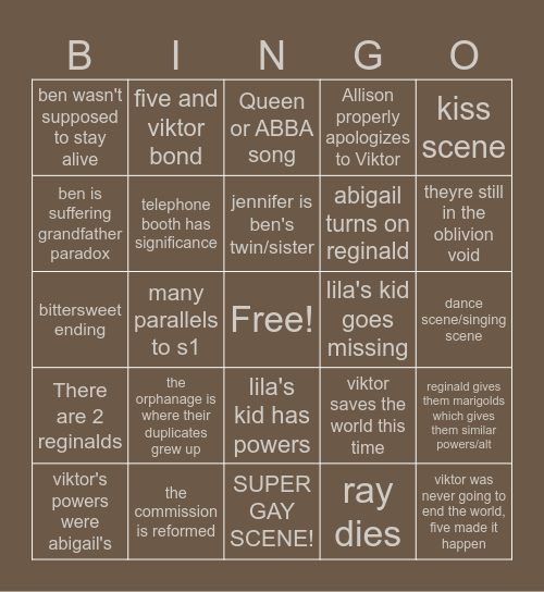 The Umbrella Academy S4 Bingo Card