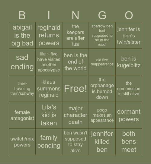 The Umbrella Academy S4 Bingo Card