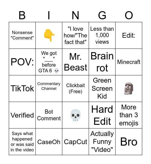 YouTube Bingo Card