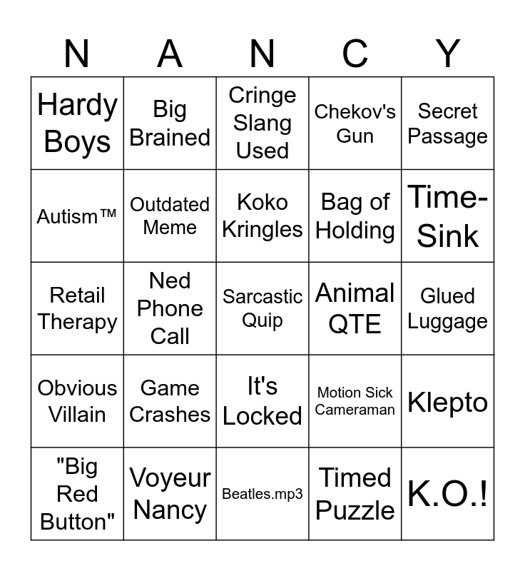 Nancy Drew Bingo Card
