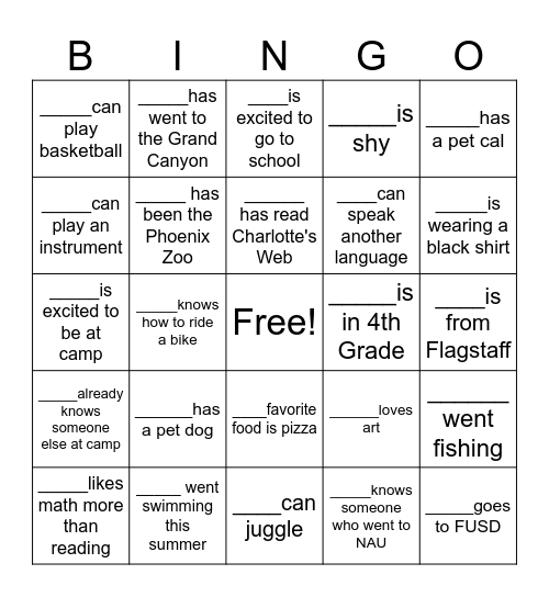 Find A Friend Bingo Card