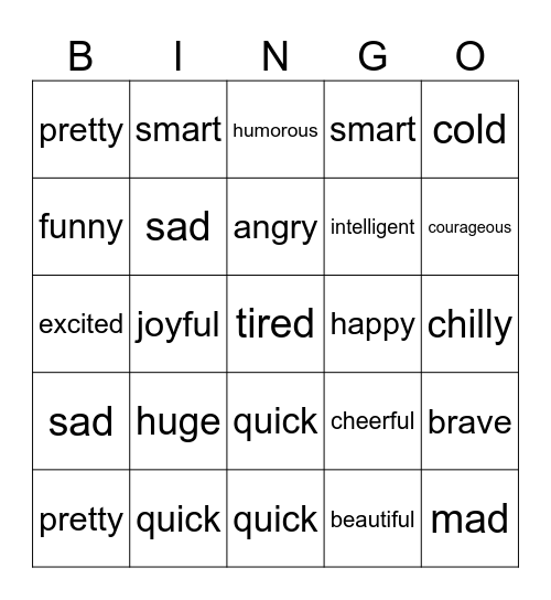 Adjectives Bingo Card