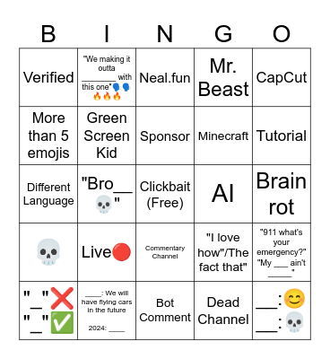 Youtube Bingo Card
