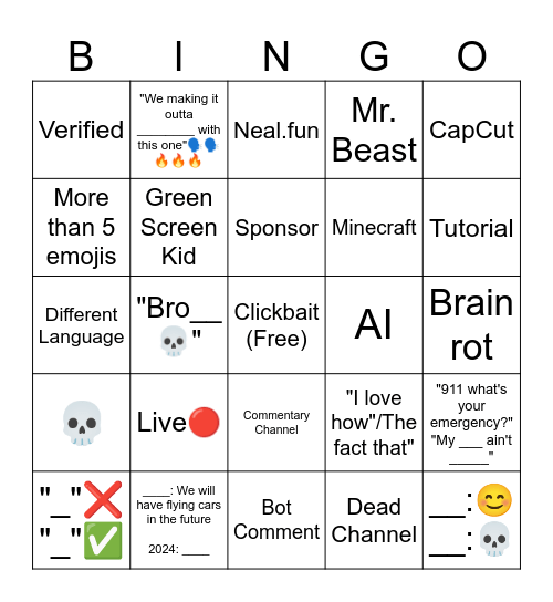 Youtube Bingo Card