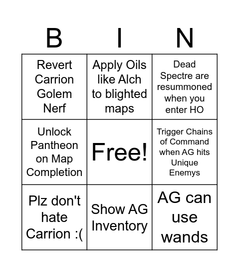 3.25 Wishlist Bingo Card