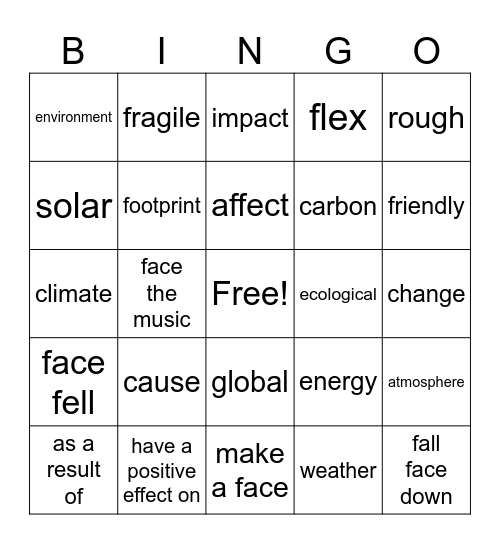 Vocabulary review Bingo Card