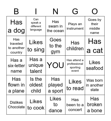 Getting to Know You Bingo Card Bingo Card