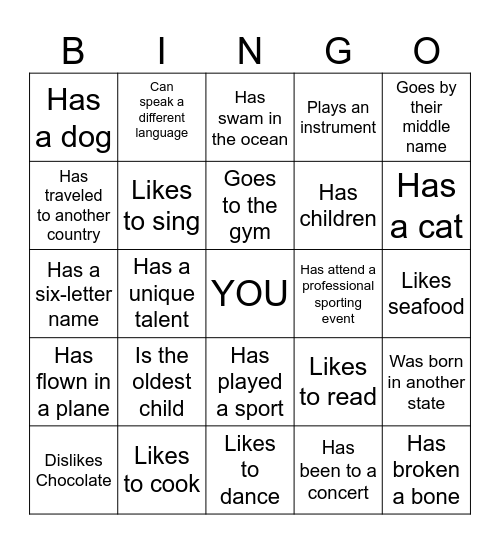 Getting to Know You Bingo Card Bingo Card