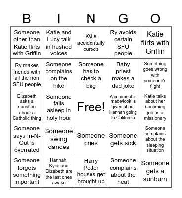 Denver Mission Trip Bingo Card