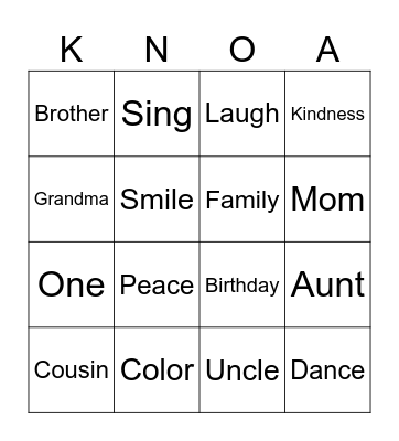 Knoa's Corner Bingo Card