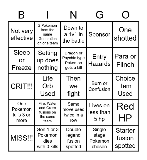 Fusion Then we react bingo Card