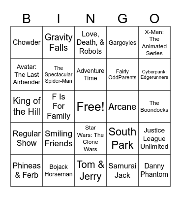 Cartoon Bingo Card