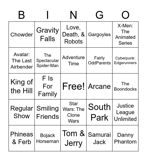 Cartoon Bingo Card