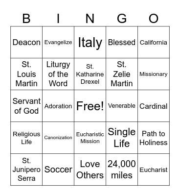 VBS Friday Bingo Card