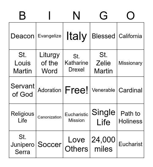 VBS Friday Bingo Card