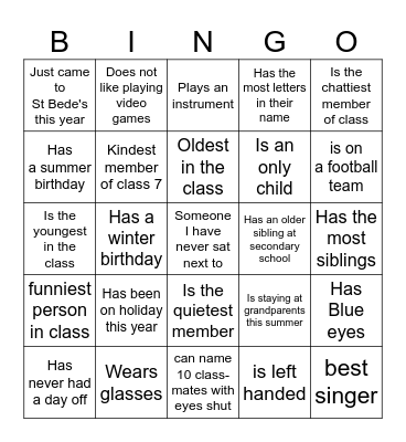 END OF YEAR BINGO Card