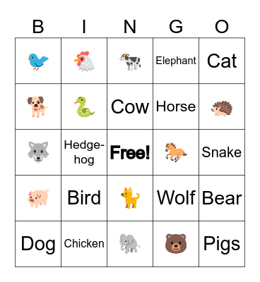 Animal Sight Word Bingo Card