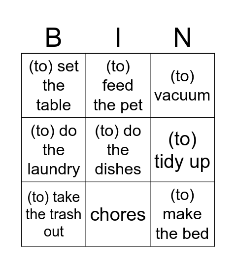 Jobs at home Bingo Card