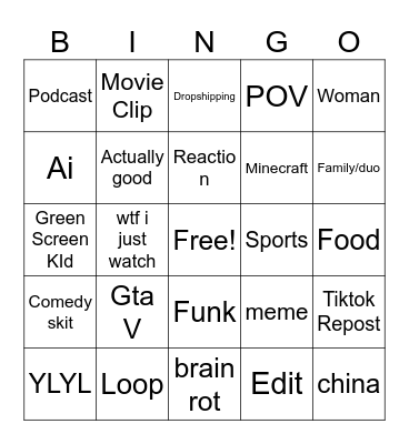 Yt shorts bingo Card