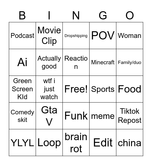 Yt shorts bingo Card