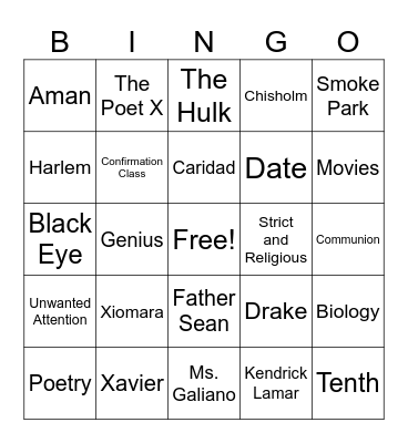 The Poet X (1-172) Bingo Card