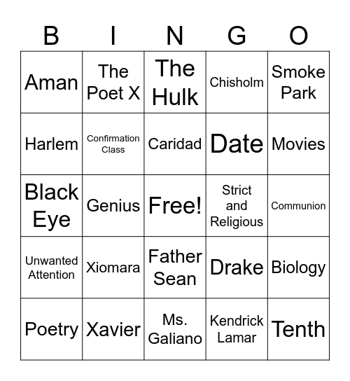The Poet X (1-172) Bingo Card