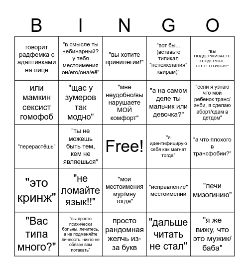 квирфобия по гендеру Bingo Card