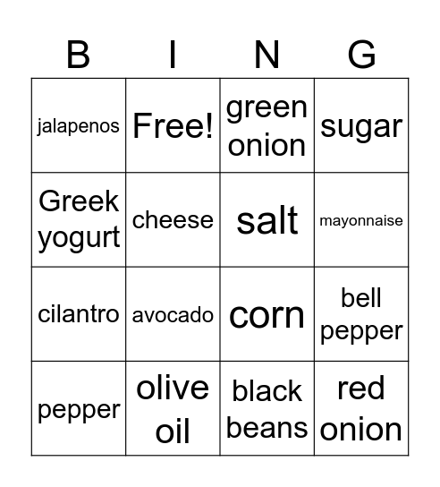 Dip Ingredient Bing(o) Bingo Card