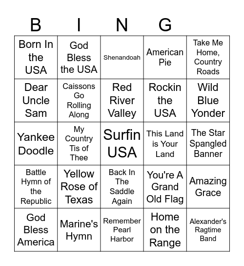 Patriotic Music Bingo Card