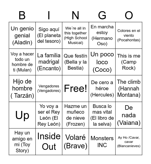 BINGO MUSICAL DISNEY Bingo Card