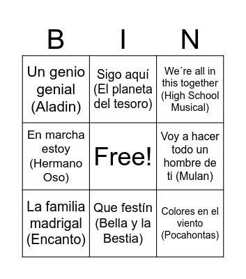 BINGO MUSICAL DISNEY Bingo Card