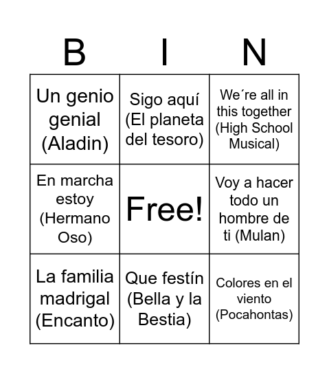 BINGO MUSICAL DISNEY Bingo Card