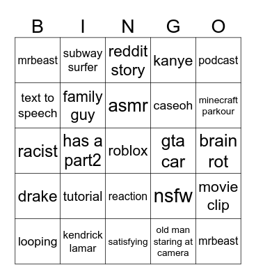 youtube shorts bingo Card
