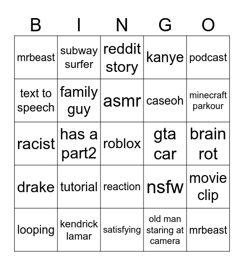 youtube shorts bingo Card