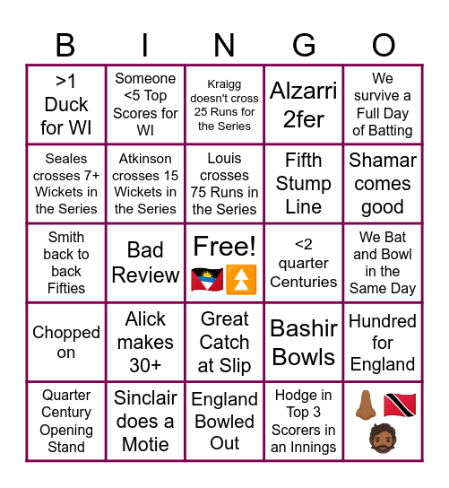 WI vs ENG Second Test Bingo Card