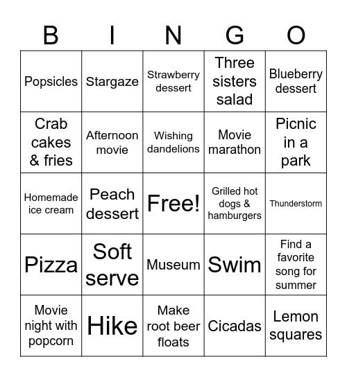 Summer fun Bingo Card