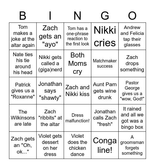 Zach and Nikki Wedding Bingo Card