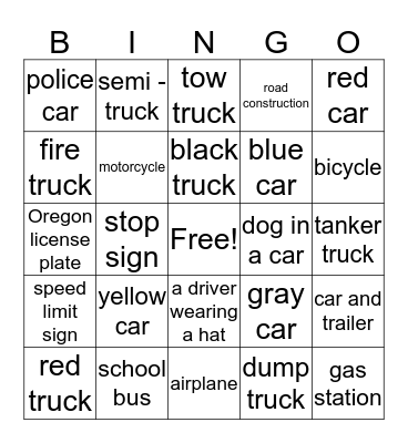 car bingo for Zach & Josh Bingo Card