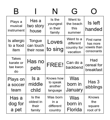 Get to know you Bingo Card