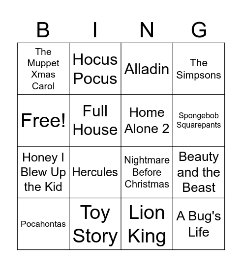 90's Movies/Shows Bingo Card