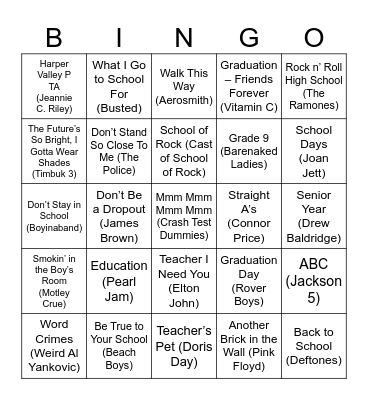 Back to School Bingo Card