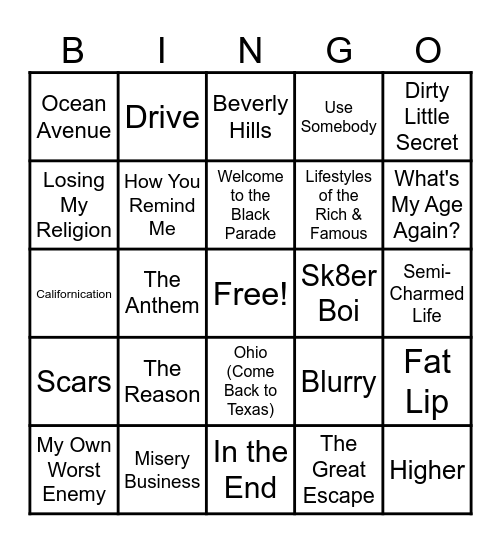 Pop Rocks (& Punk!) Bingo Card